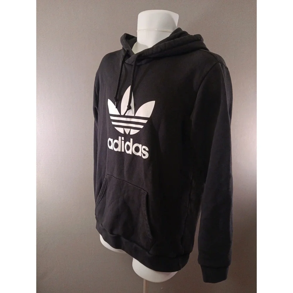 Adidas Cotton Hoodie Size M Men Black Spellout 3 Stripes Trefoil Pullover Y2K